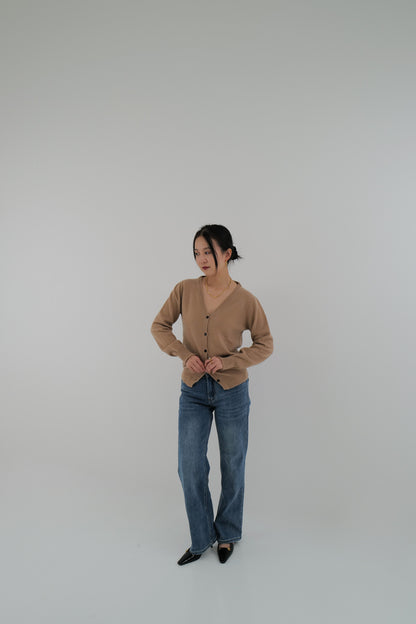 V-Neck Wool Cardigan (Camel Brown)