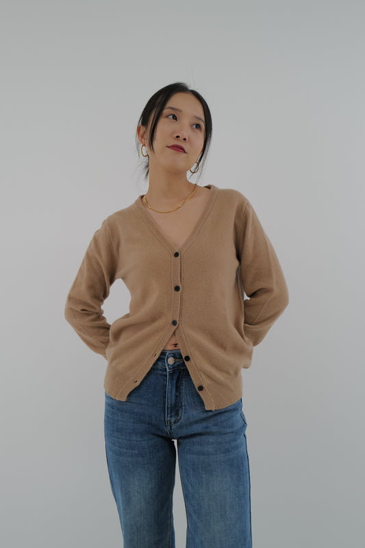 V-Neck Wool Cardigan (Camel Brown)