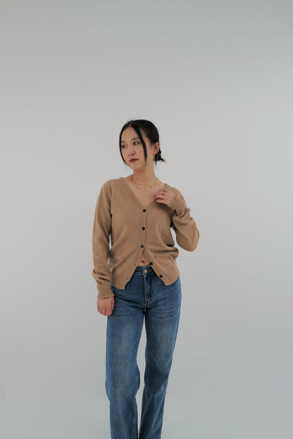 V-Neck Wool Cardigan (Camel Brown)