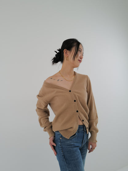 V-Neck Wool Cardigan (Camel Brown)