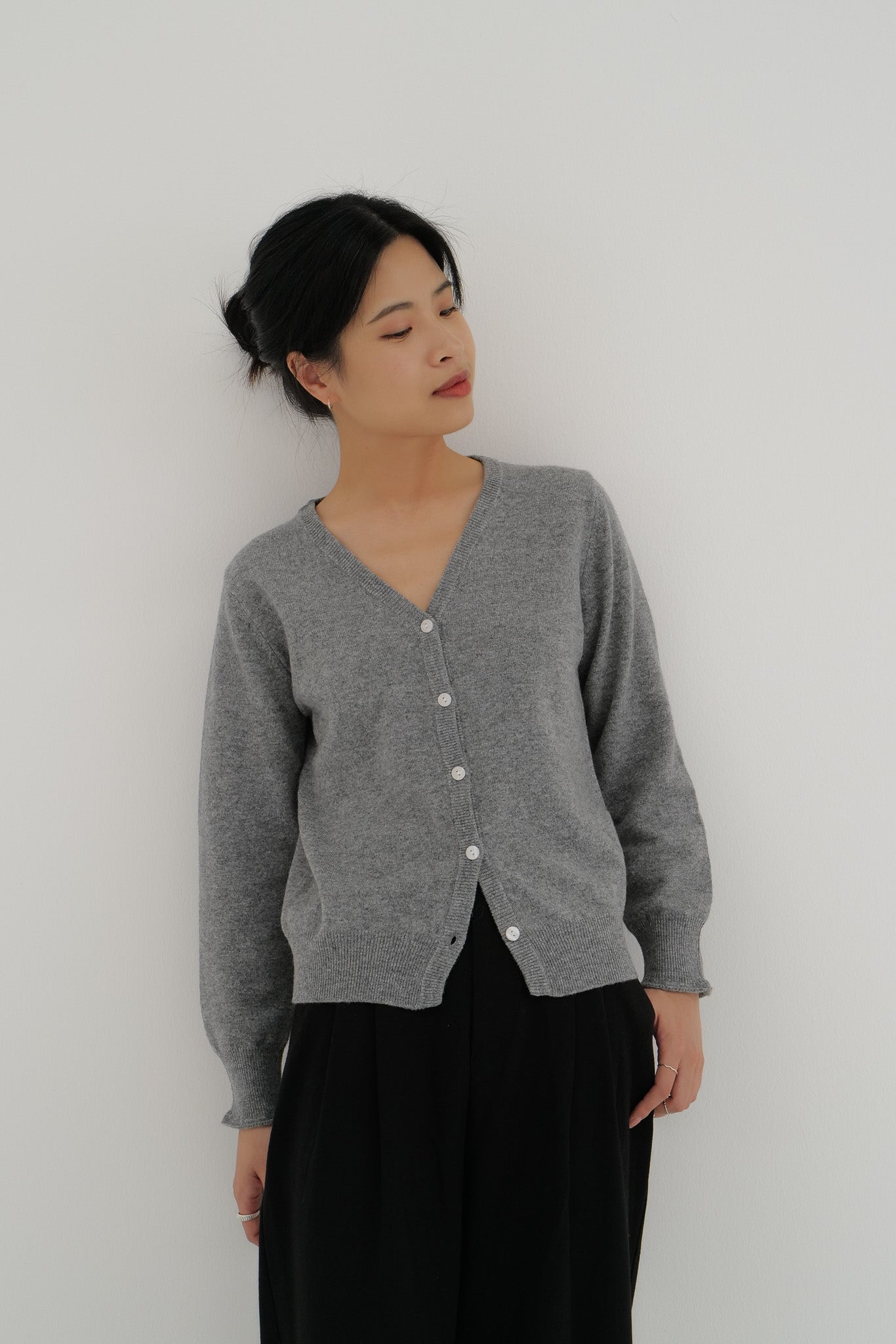 V-Neck Wool Cardigan (Light Grey)